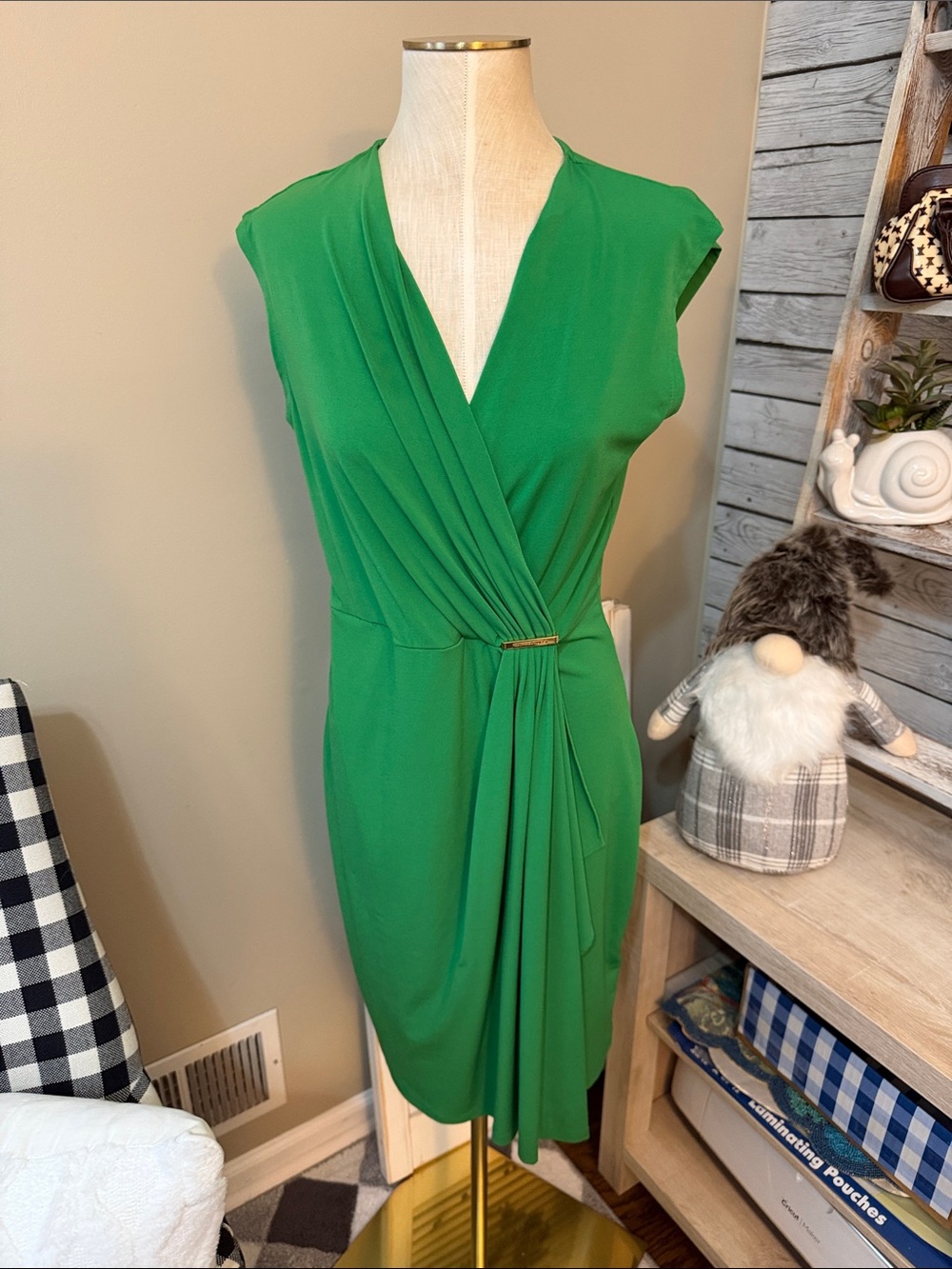 Michael Kors Green Draped V-Neck Midi Dress with Waist Detail